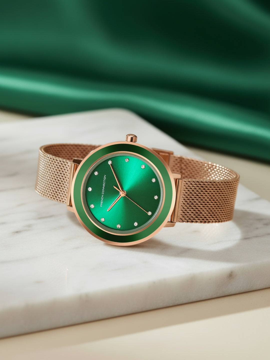 French Connection Sunray Green Round Dial With Rose Stainless Steel  Strap Watch - For Womens FCMX2NRGM