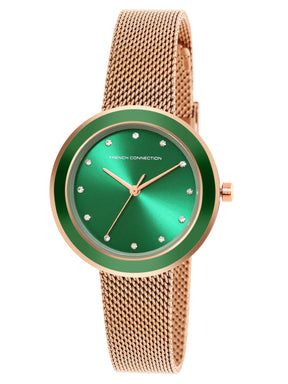 French Connection Sunray Green Round Dial With Rose Stainless Steel  Strap Watch - For Womens FCMX2NRGM