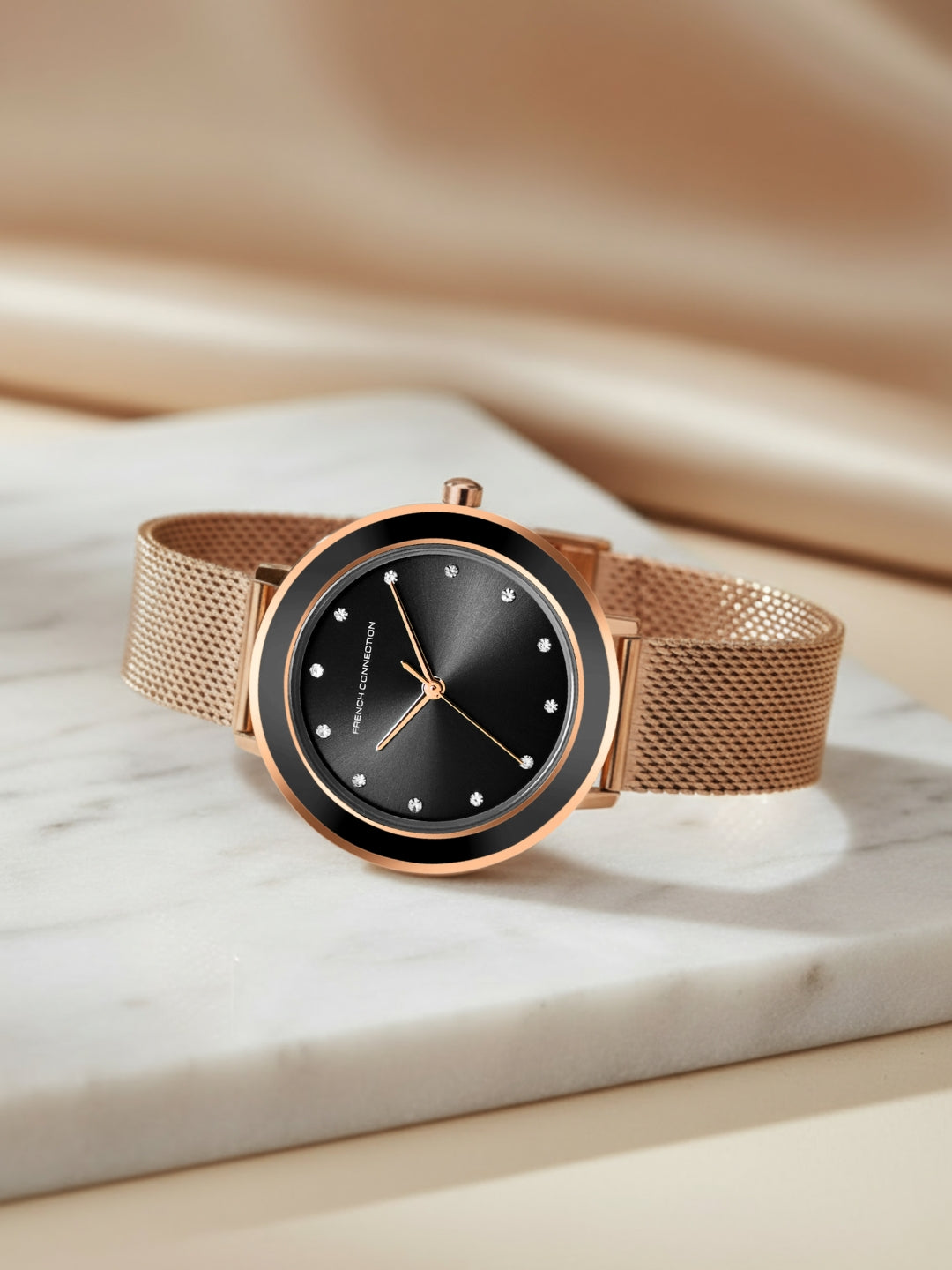 French Connection Sunray Black Round Dial With Rose Stainless Steel  Strap Watch - For Womens FCMX2RGM