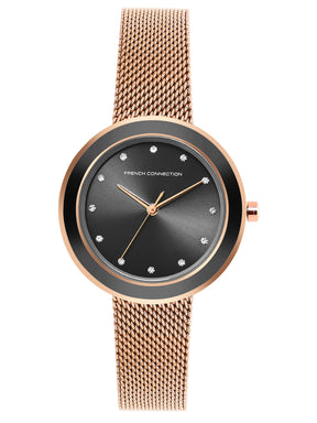 French Connection Sunray Black Round Dial With Rose Stainless Steel  Strap Watch - For Womens FCMX2RGM