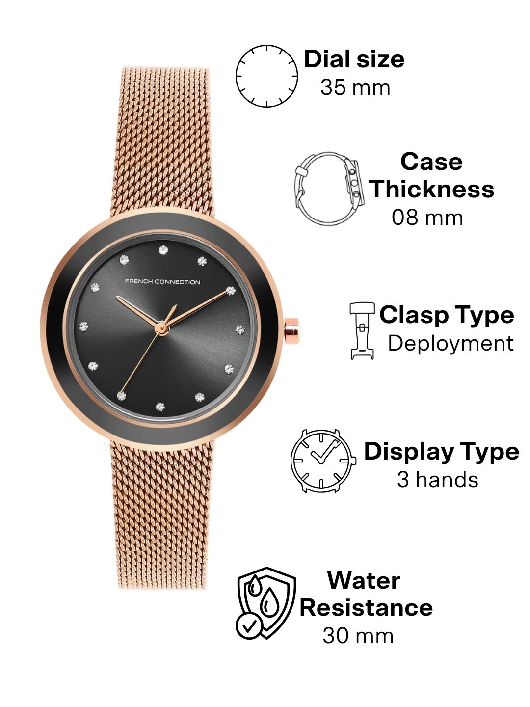 French Connection Sunray Black Round Dial With Rose Stainless Steel  Strap Watch - For Womens FCMX2RGM