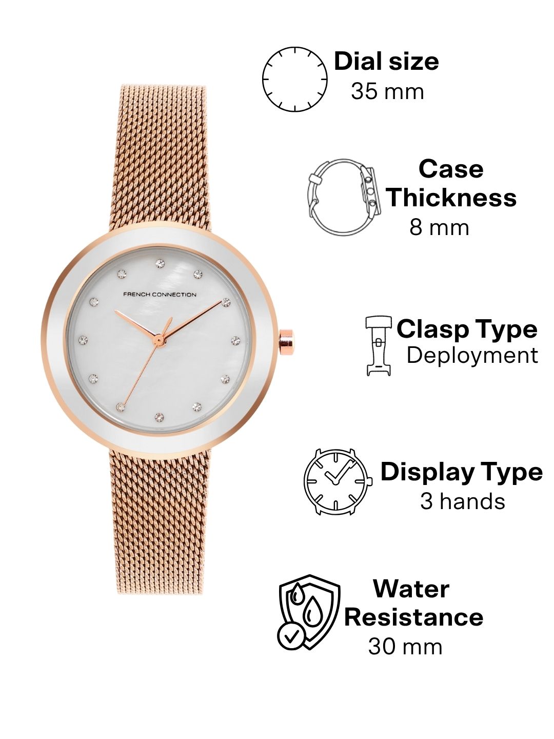 French Connection Sunray Silver Round Dial With Rose Stainless Steel  Strap Watch - For Womens FCMX2SRGM