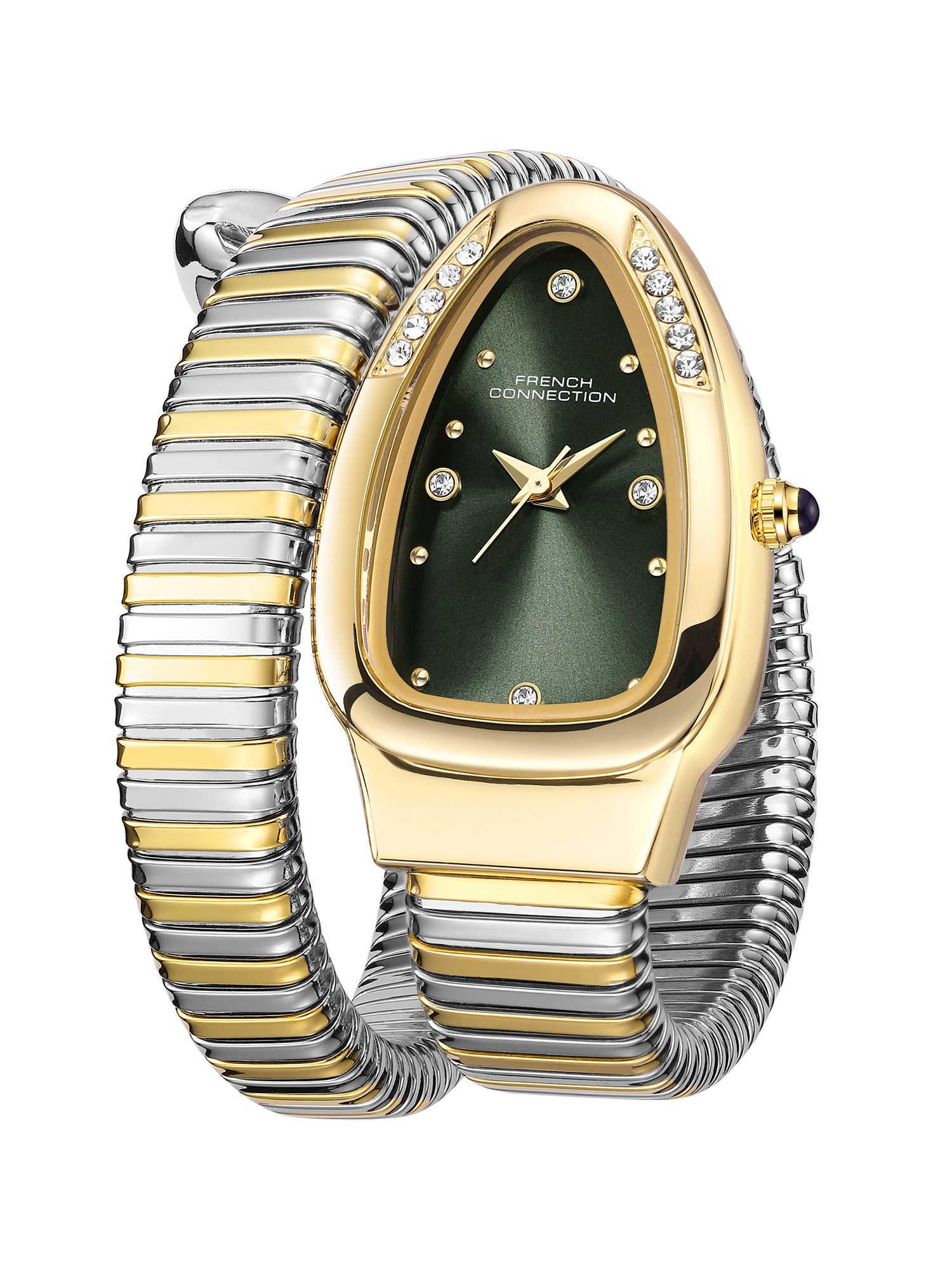 French Connection The Mystic Curve Women's Gold Watch | Rhinestones Green Sunray Dial Analog Watch – For Women FCN0110NGM