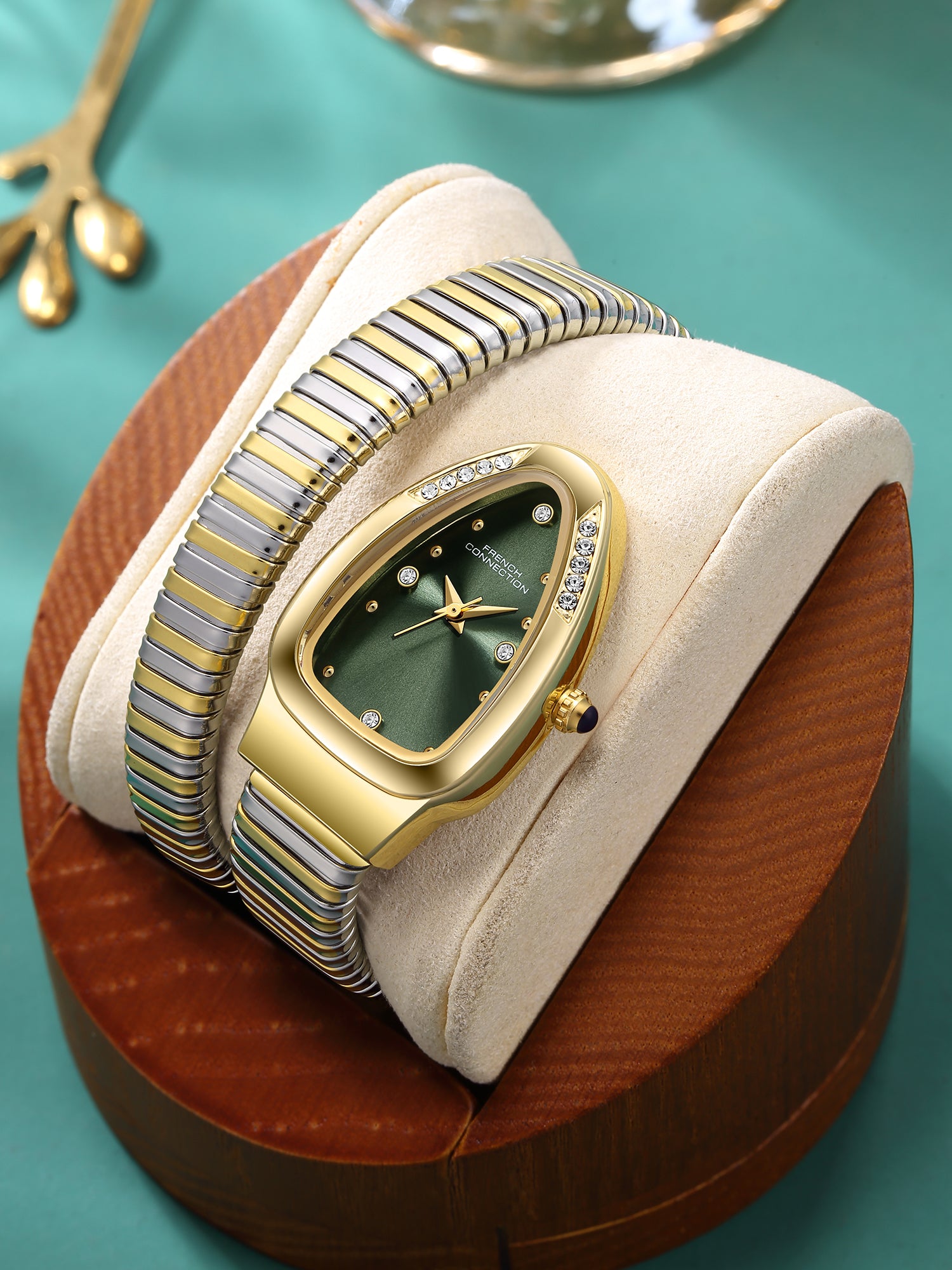 French Connection The Mystic Curve Women's Gold Watch | Rhinestones Green Sunray Dial Analog Watch – For Women FCN0110NGM