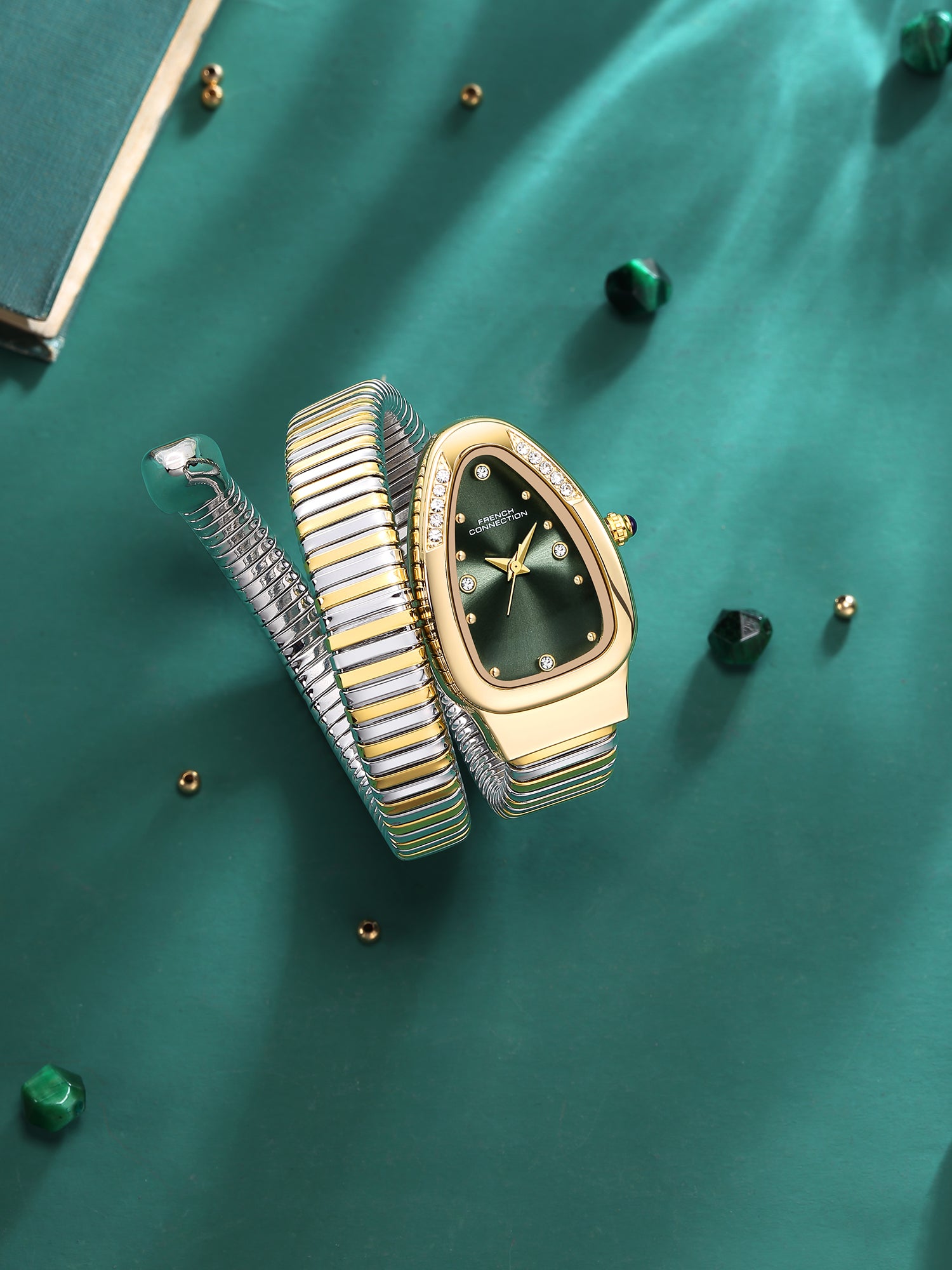 French Connection The Mystic Curve Women's Gold Watch | Rhinestones Green Sunray Dial Analog Watch – For Women FCN0110NGM