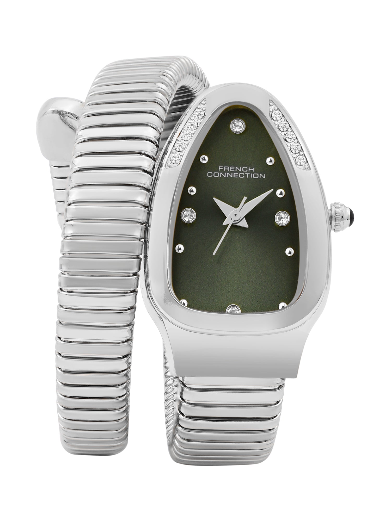 French Connection The Mystic Curve Women's Silver Watch | Rhinestones Green Sunray Dial Analog Watch – For Women FCN0110NSM