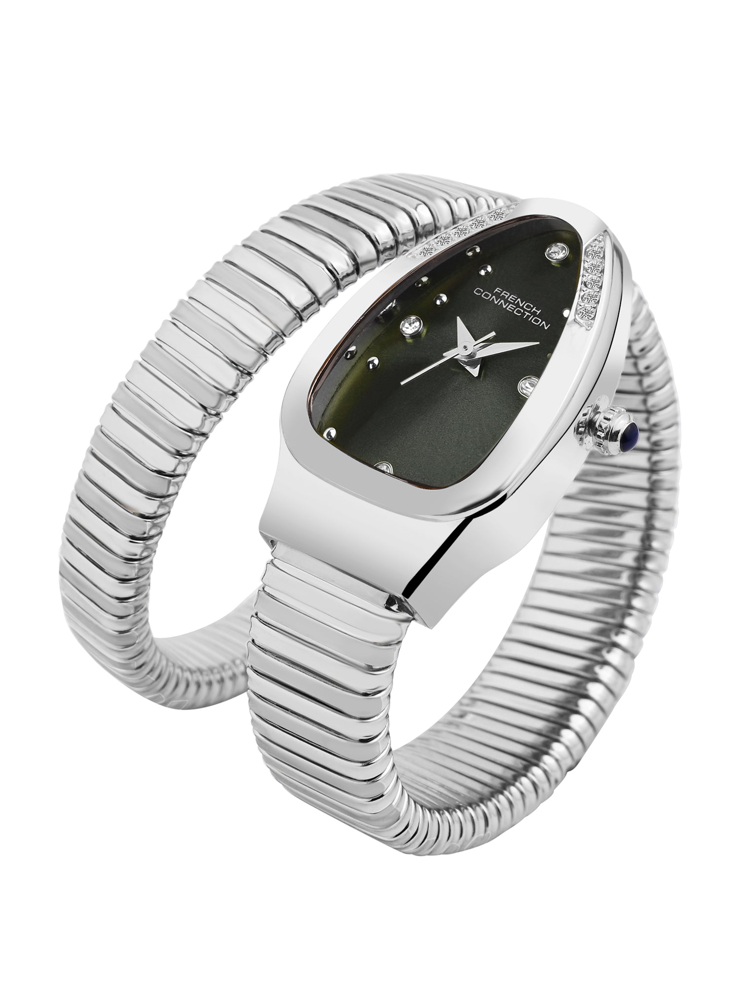 French Connection The Mystic Curve Women's Silver Watch | Rhinestones Green Sunray Dial Analog Watch – For Women FCN0110NSM