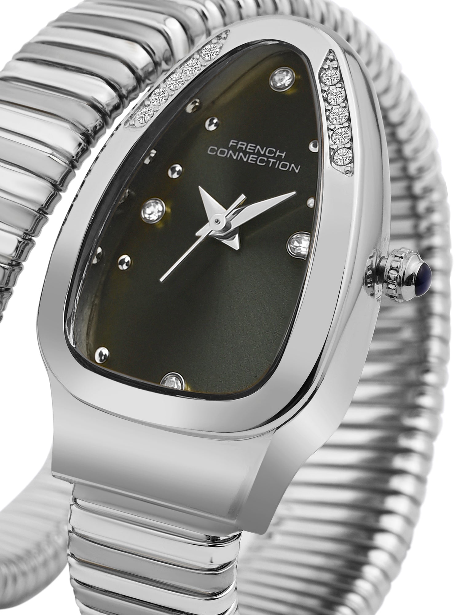 French Connection The Mystic Curve Women's Silver Watch | Rhinestones Green Sunray Dial Analog Watch – For Women FCN0110NSM