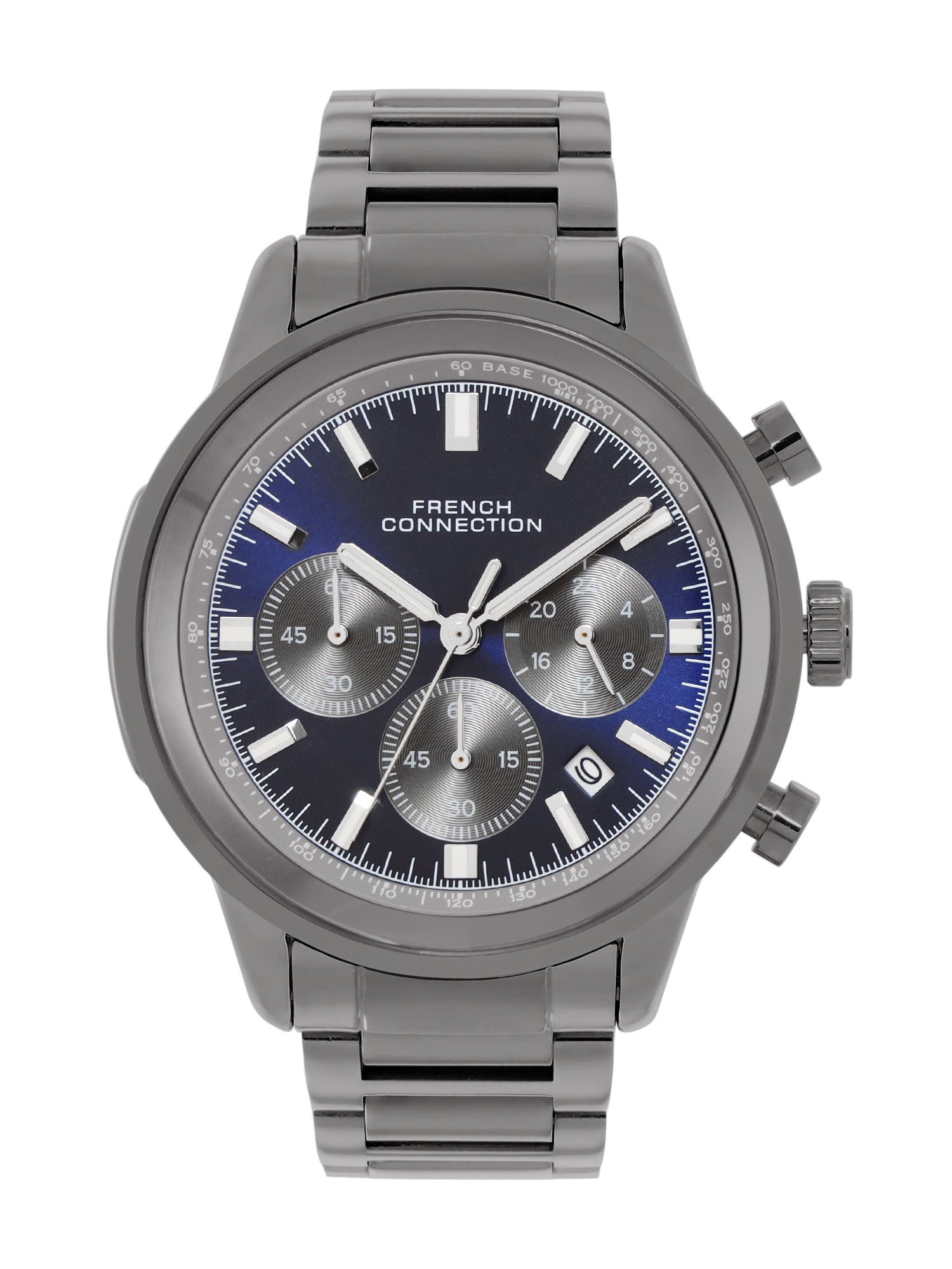 French Connection Sunray Blue Round Dial With  Gun Stainless Steel Strap Chronograph Watch - For Mens FCN0120GNM