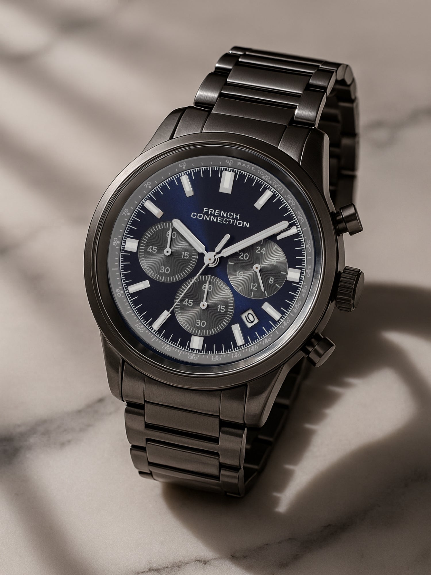 French Connection Sunray Blue Round Dial With  Gun Stainless Steel Strap Chronograph Watch - For Mens FCN0120GNM