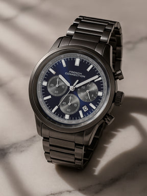 French Connection Sunray Blue Round Dial With  Gun Stainless Steel Strap Chronograph Watch - For Mens FCN0120GNM