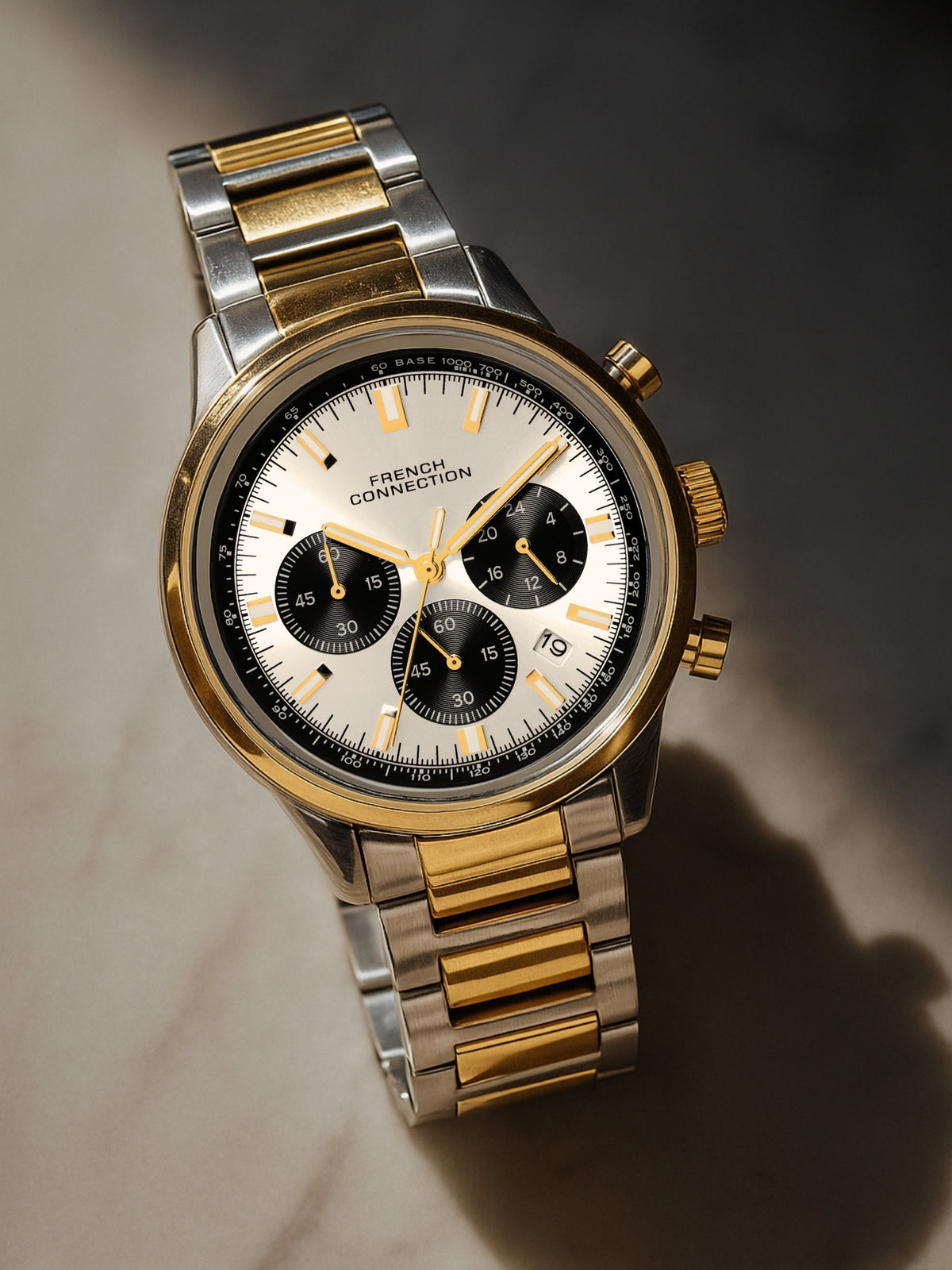 French Connection Sunray Silver Round Dial With Gold Two Tone Stainless Steel Strap Chronograph Watch - For Mens FCN0120TM