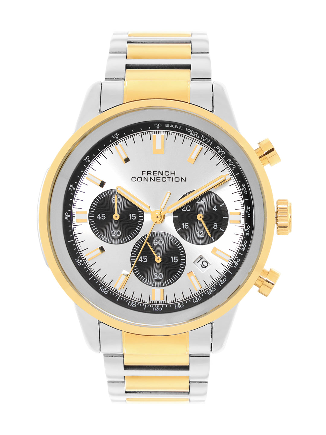French Connection Sunray Silver Round Dial With Gold Two Tone Stainless Steel Strap Chronograph Watch - For Mens FCN0120TM