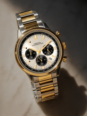 French Connection Sunray Silver Round Dial With Gold Two Tone Stainless Steel Strap Chronograph Watch - For Mens FCN0120TM