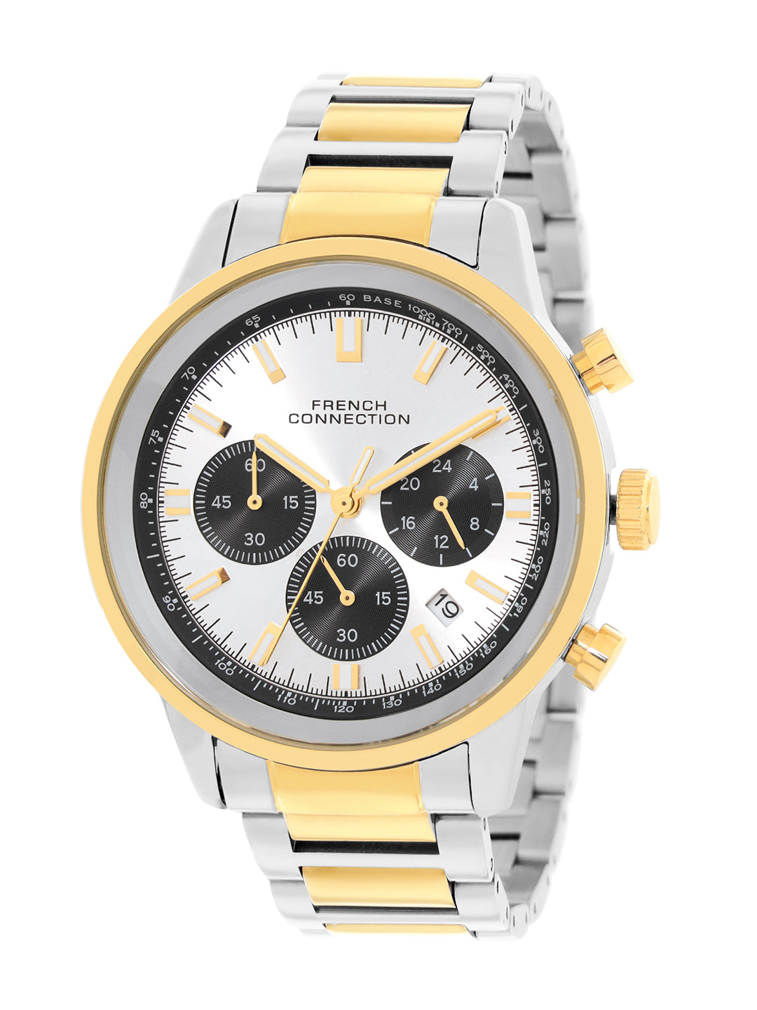 French Connection Sunray Silver Round Dial With Gold Two Tone Stainless Steel Strap Chronograph Watch - For Mens FCN0120TM