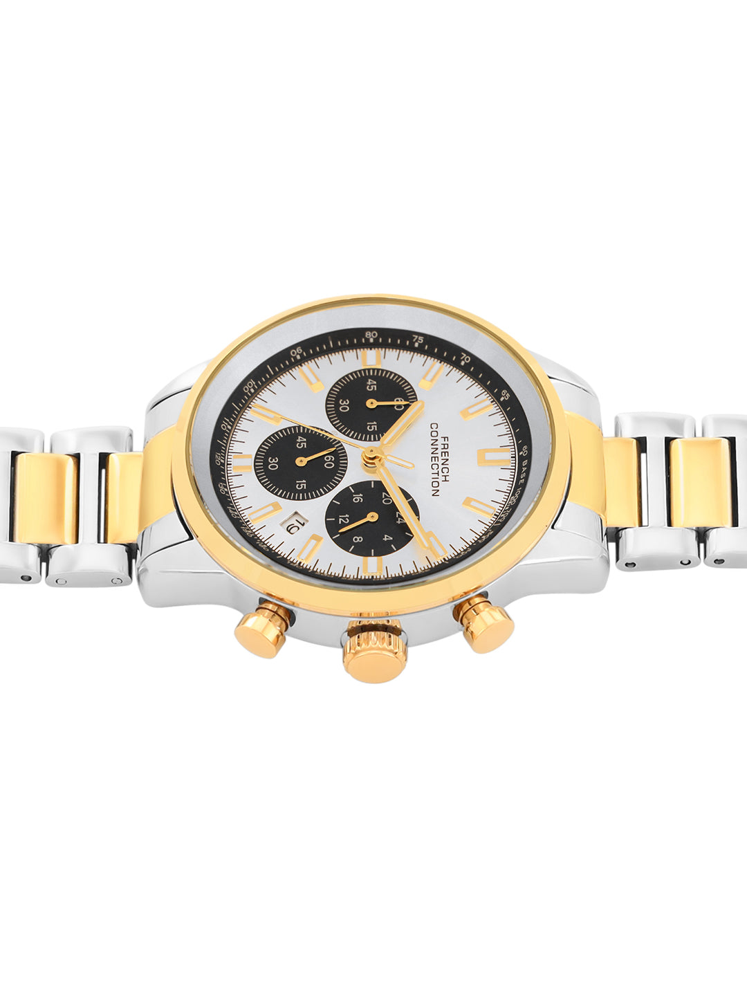 French Connection Sunray Silver Round Dial With Gold Two Tone Stainless Steel Strap Chronograph Watch - For Mens FCN0120TM
