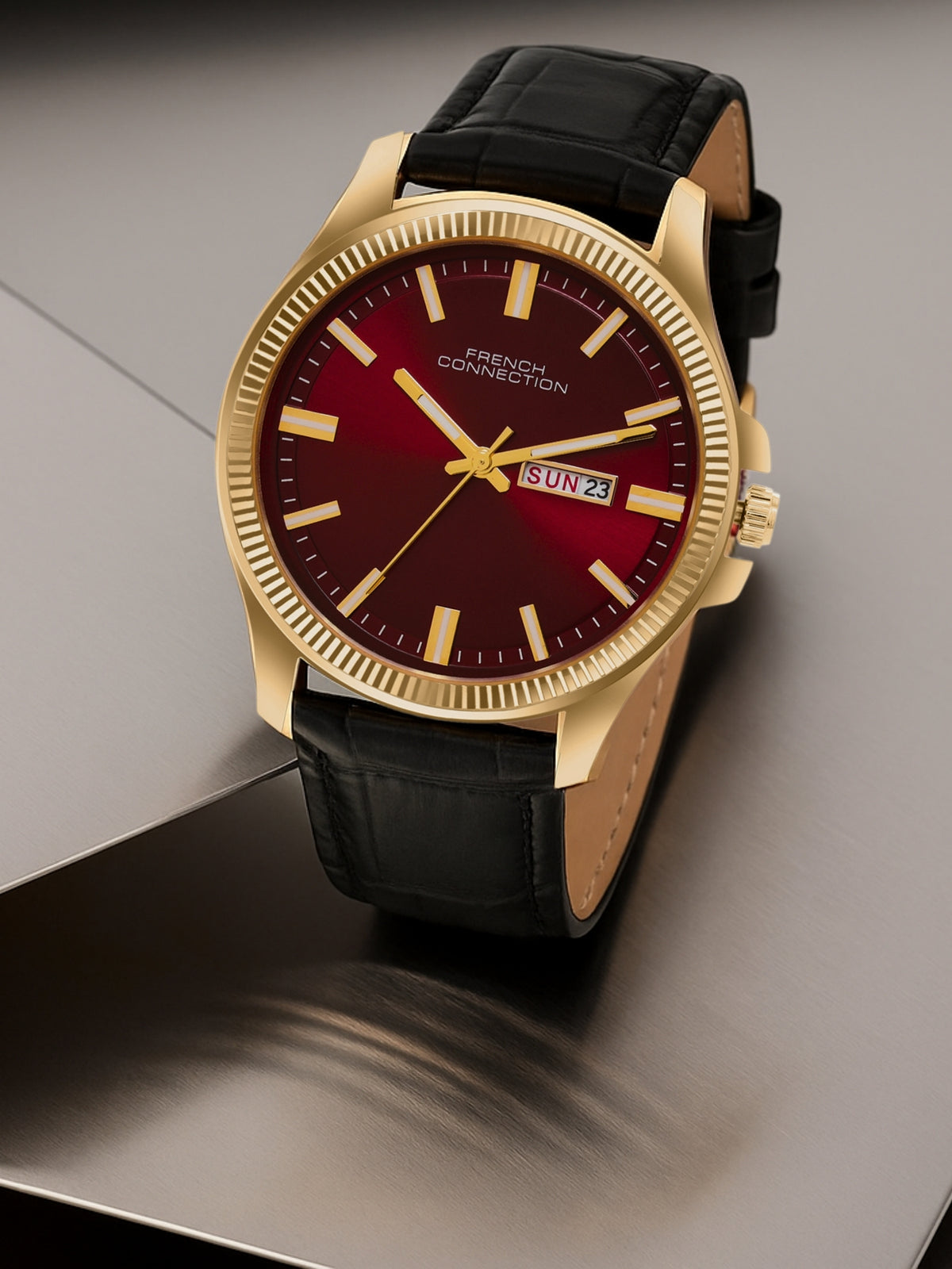 French Connection Sunray Maroon Round Dial With Black Leather Strap Watch - For Mens FCN0121BL