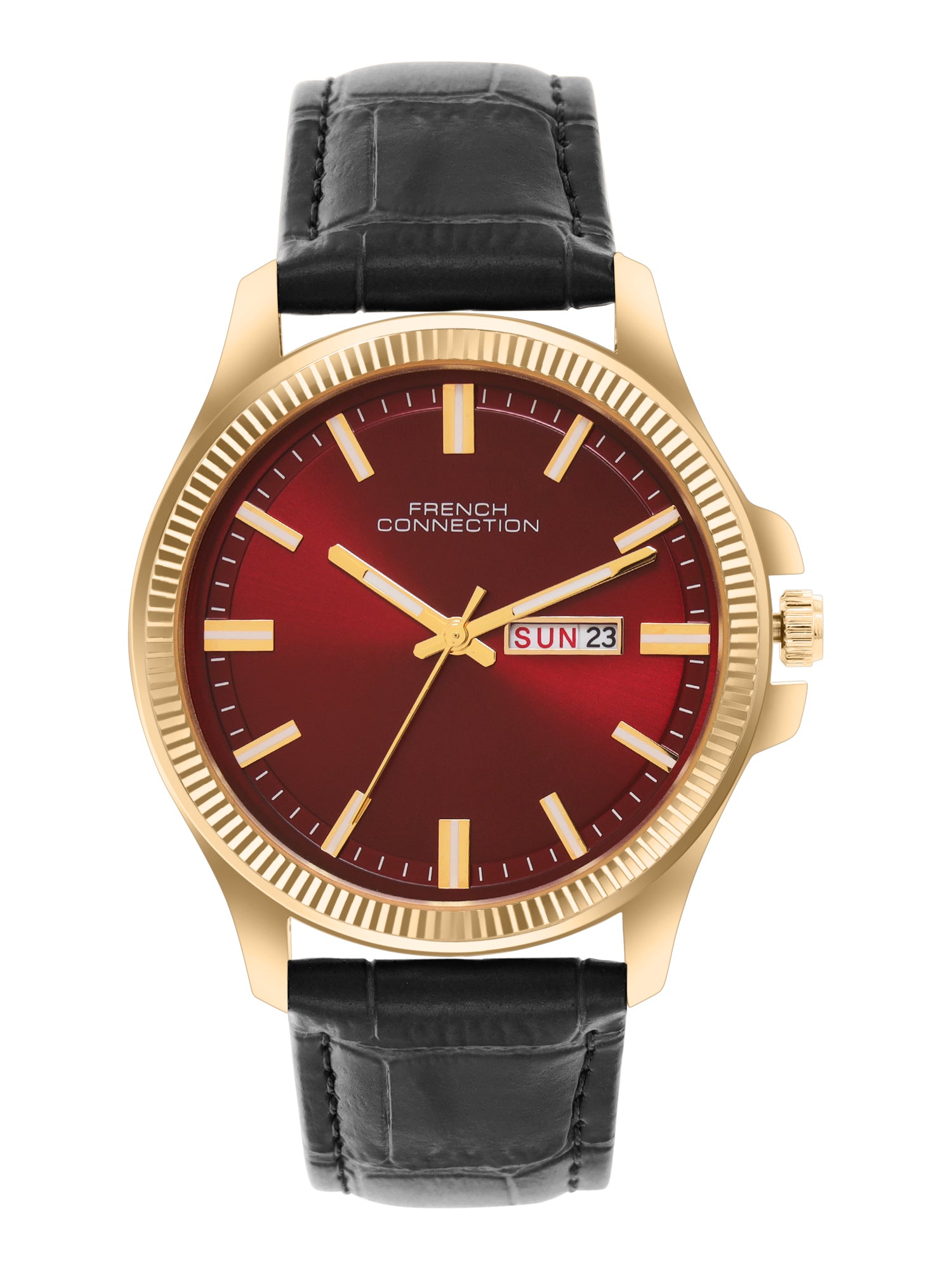 French Connection Sunray Maroon Round Dial With Black Leather Strap Watch - For Mens FCN0121BL