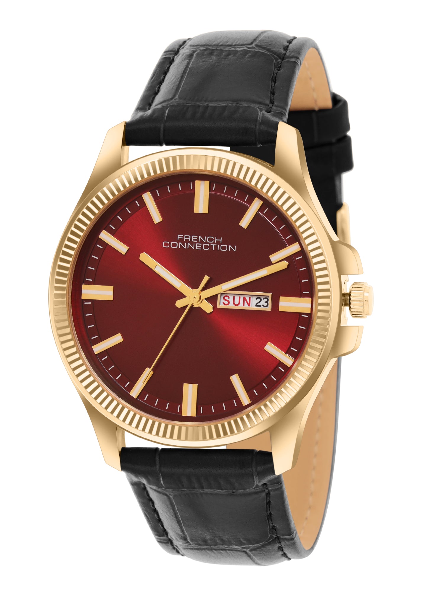 French Connection Sunray Maroon Round Dial With Black Leather Strap Watch - For Mens FCN0121BL