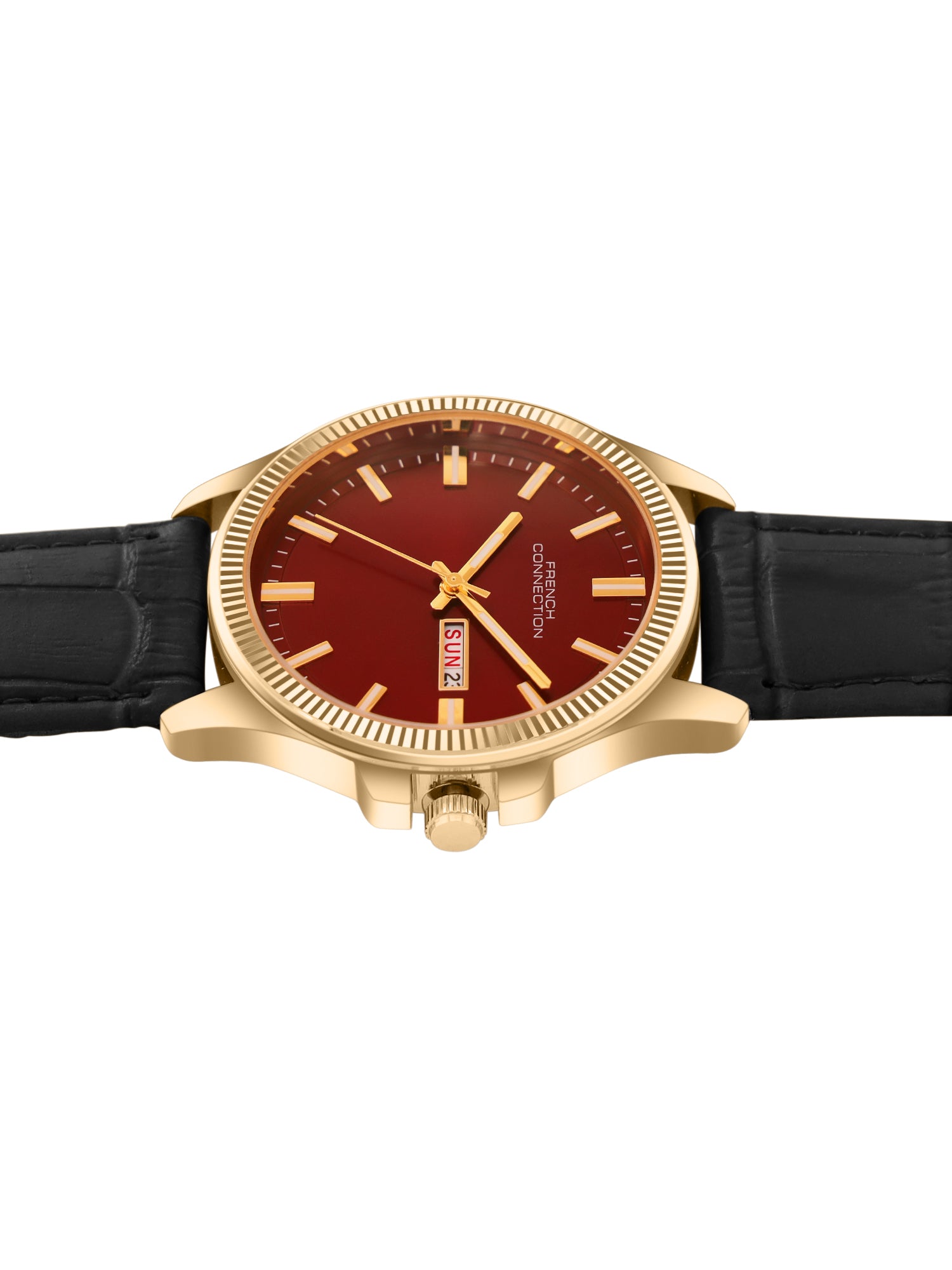 French Connection Sunray Maroon Round Dial With Black Leather Strap Watch - For Mens FCN0121BL