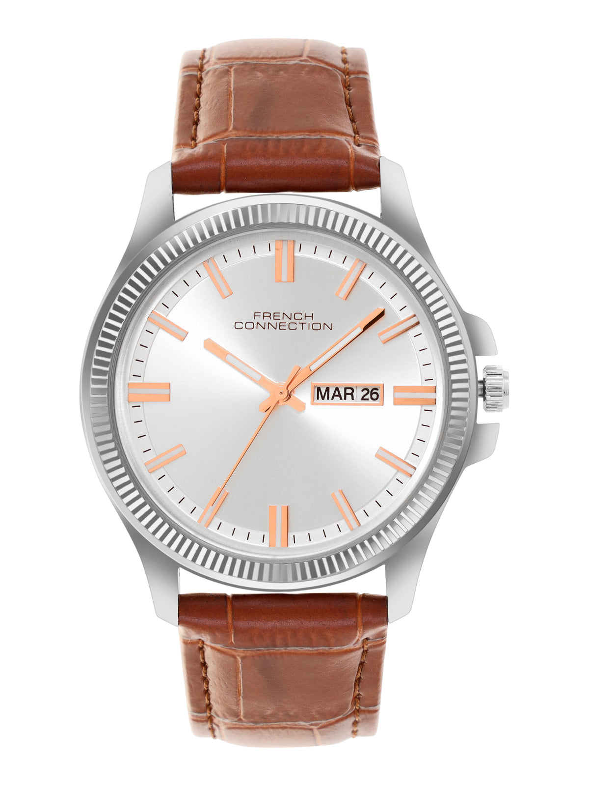 French Connection Sunray Silver Round Dial With Brown Leather Strap Watch - For Mens FCN0121BRL