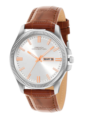 French Connection Sunray Silver Round Dial With Brown Leather Strap Watch - For Mens FCN0121BRL