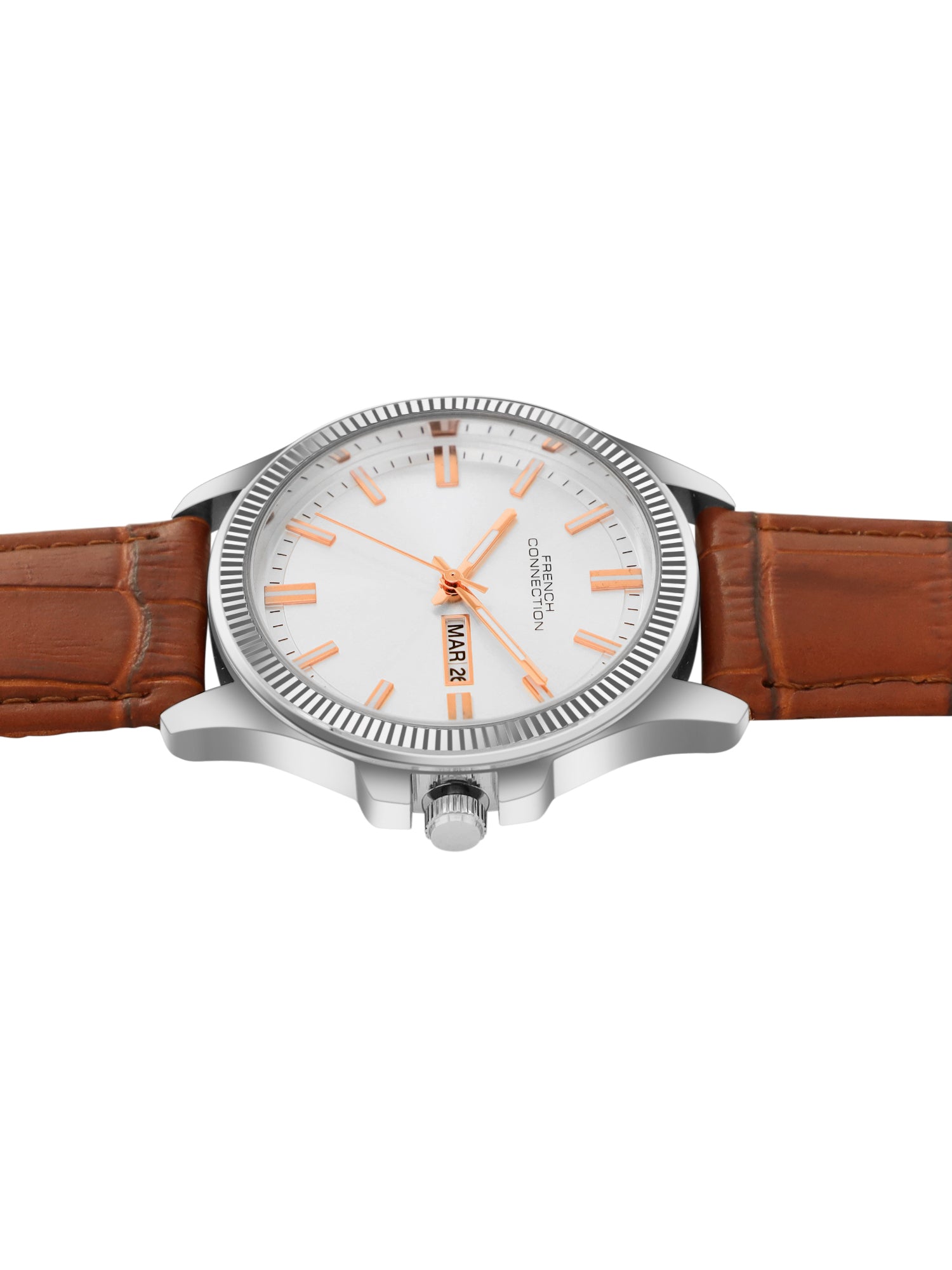 French Connection Sunray Silver Round Dial With Brown Leather Strap Watch - For Mens FCN0121BRL