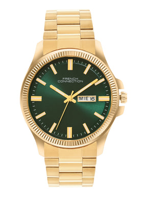 French Connection Sunray Green Round Dial With  Gold Stainless Steel  Strap Watch - For Mens FCN0121GM