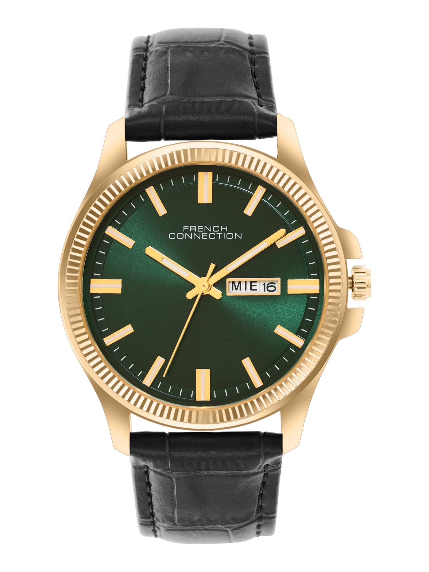 French Connection Sunray Green Round Dial With Black Leather Strap Watch - For Mens FCN0121NBL