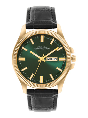 French Connection Sunray Green Round Dial With Black Leather Strap Watch - For Mens FCN0121NBL