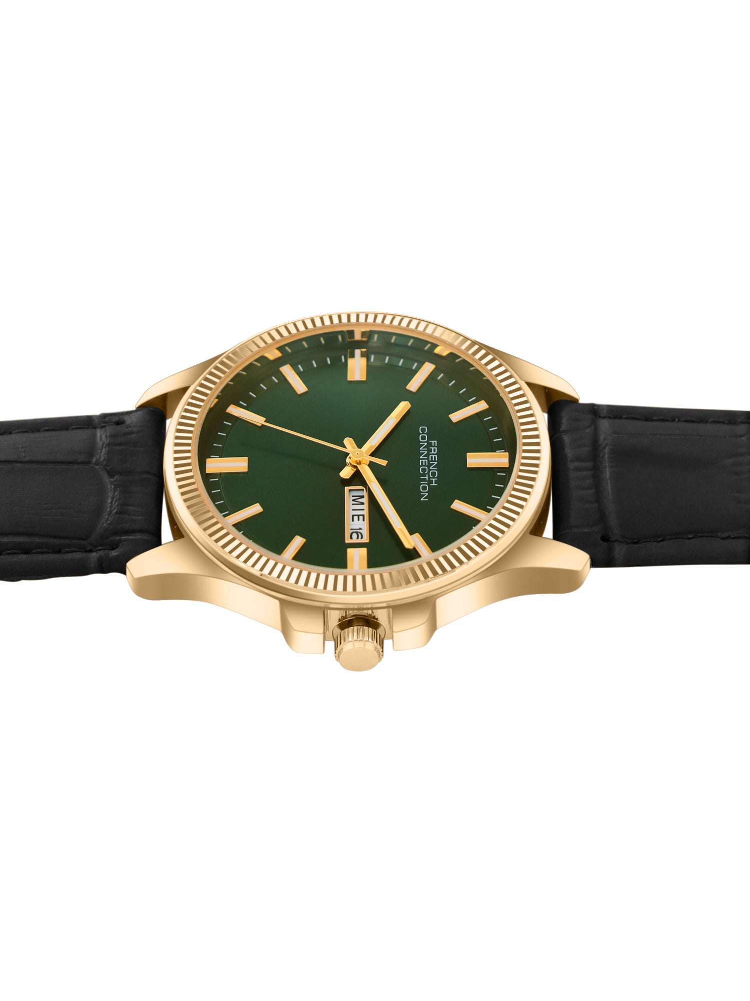 French Connection Sunray Green Round Dial With Black Leather Strap Watch - For Mens FCN0121NBL