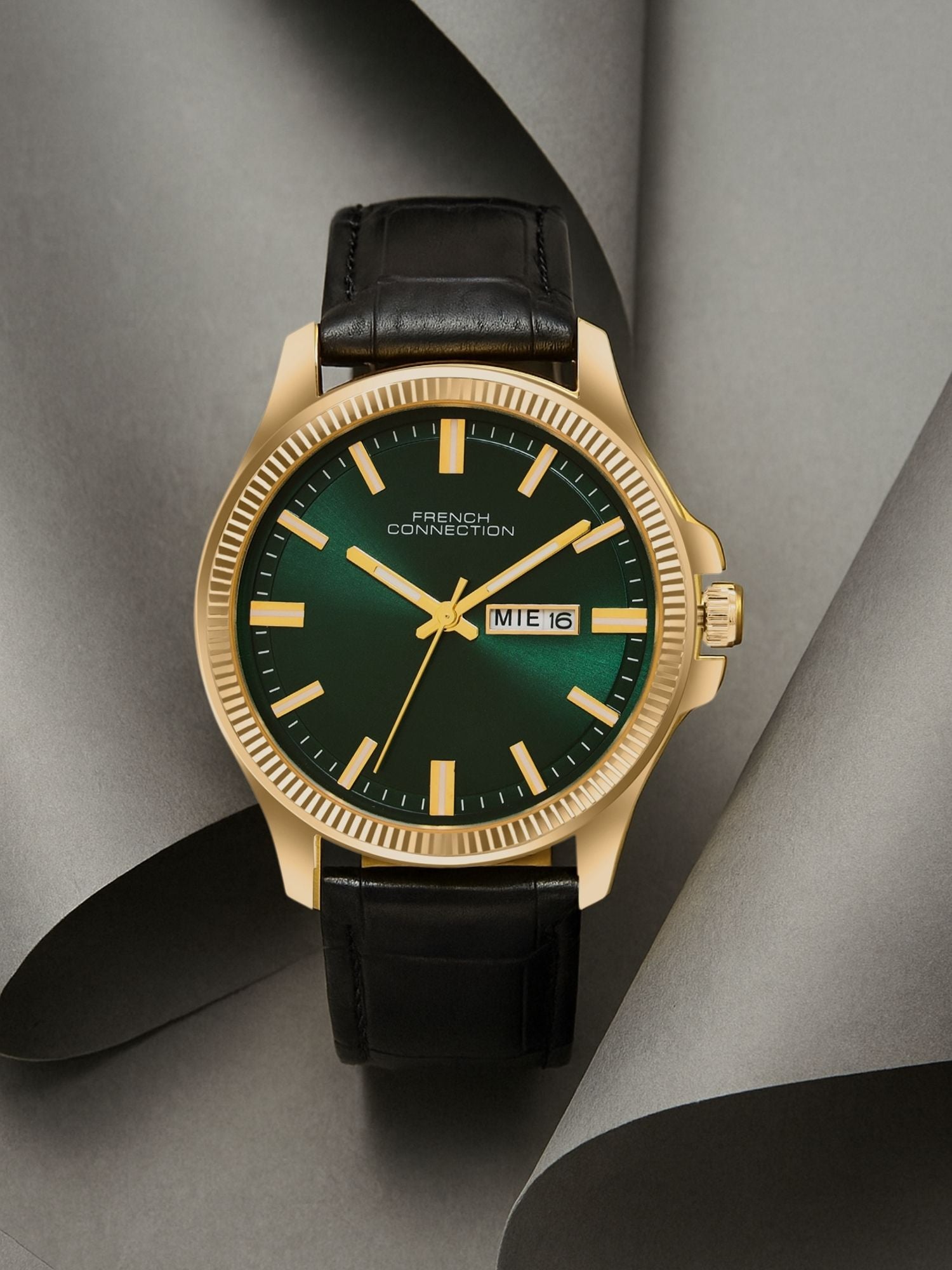 French Connection Sunray Green Round Dial With Black Leather Strap Watch - For Mens FCN0121NBL
