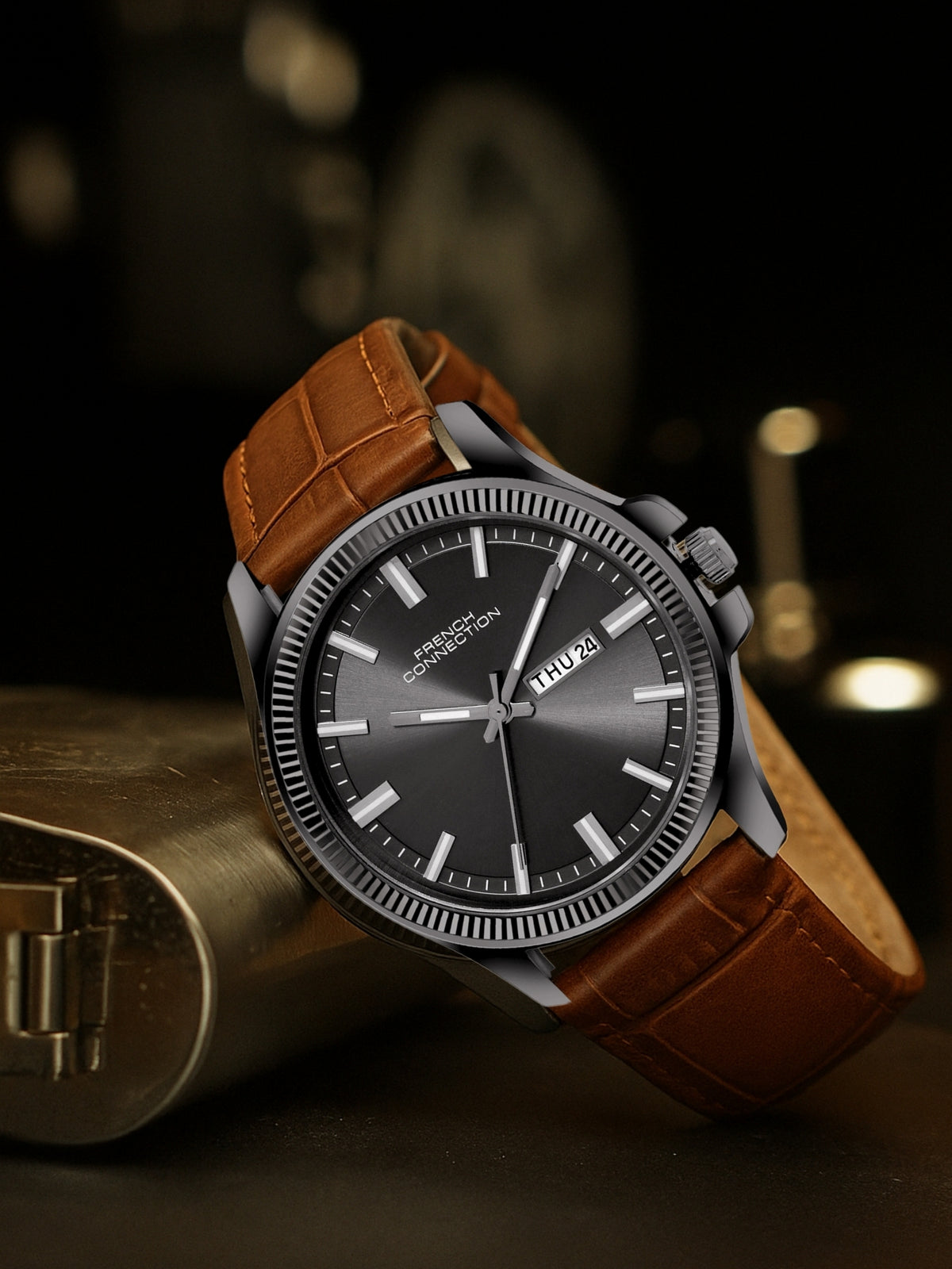 French Connection Sunray Gun Round Dial With Tan Leather Strap Watch - For Mens FCN0121TNL