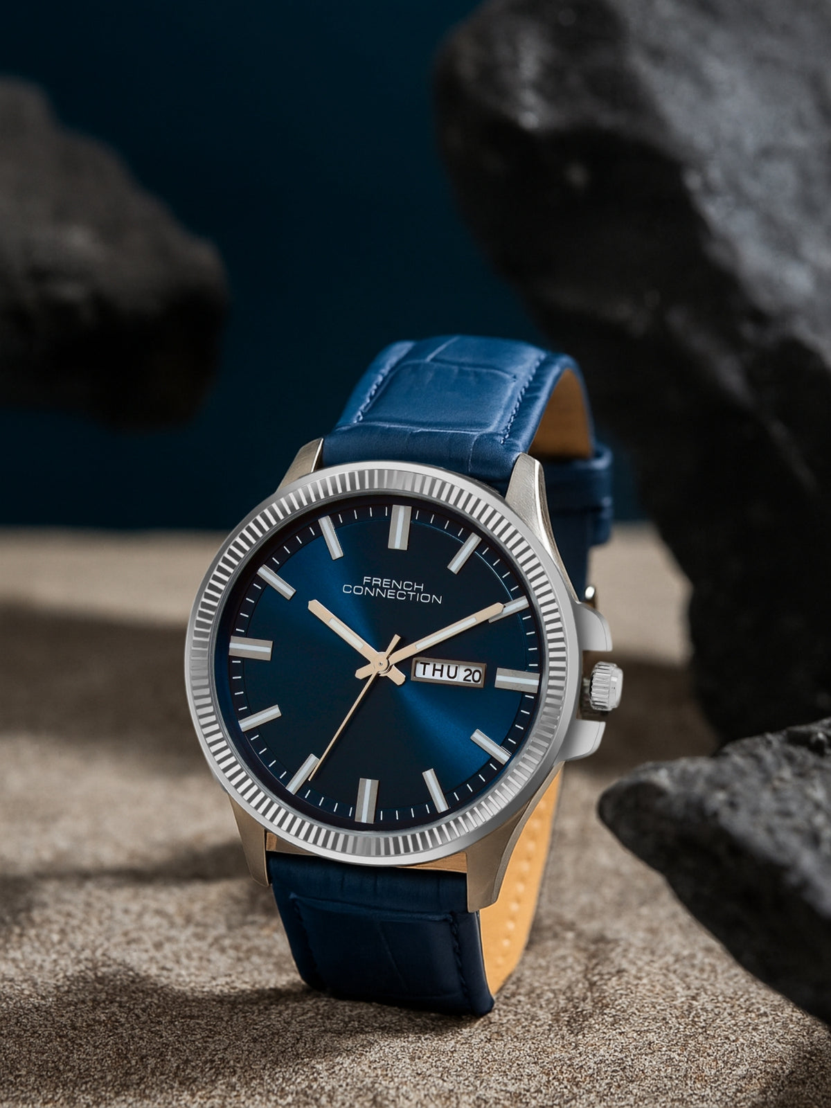 French Connection Sunray Blue Round Dial With Blue Leather Strap Watch - For Mens FCN0121UL