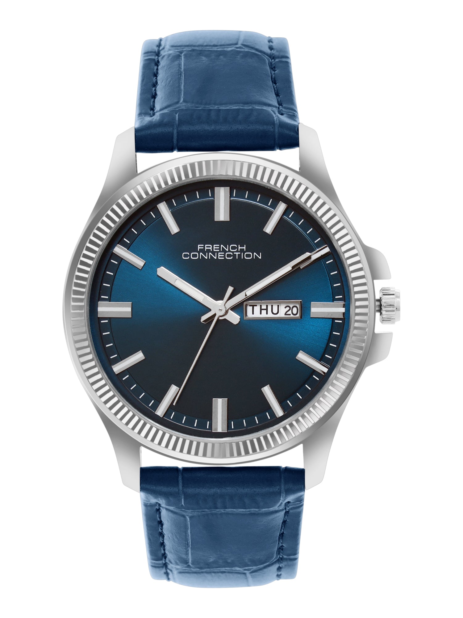 French Connection Sunray Blue Round Dial With Blue Leather Strap Watch - For Mens FCN0121UL