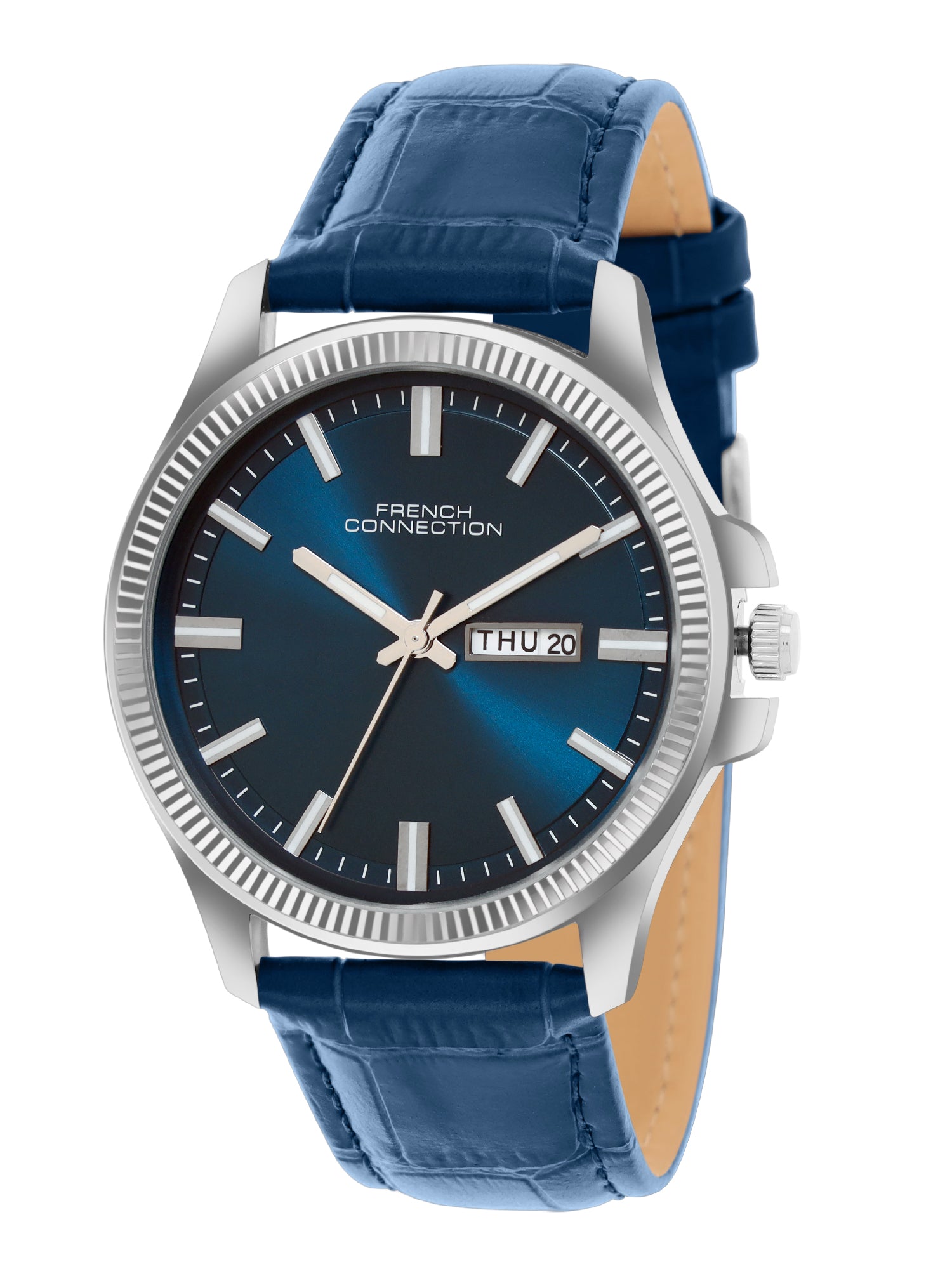 French Connection Sunray Blue Round Dial With Blue Leather Strap Watch - For Mens FCN0121UL