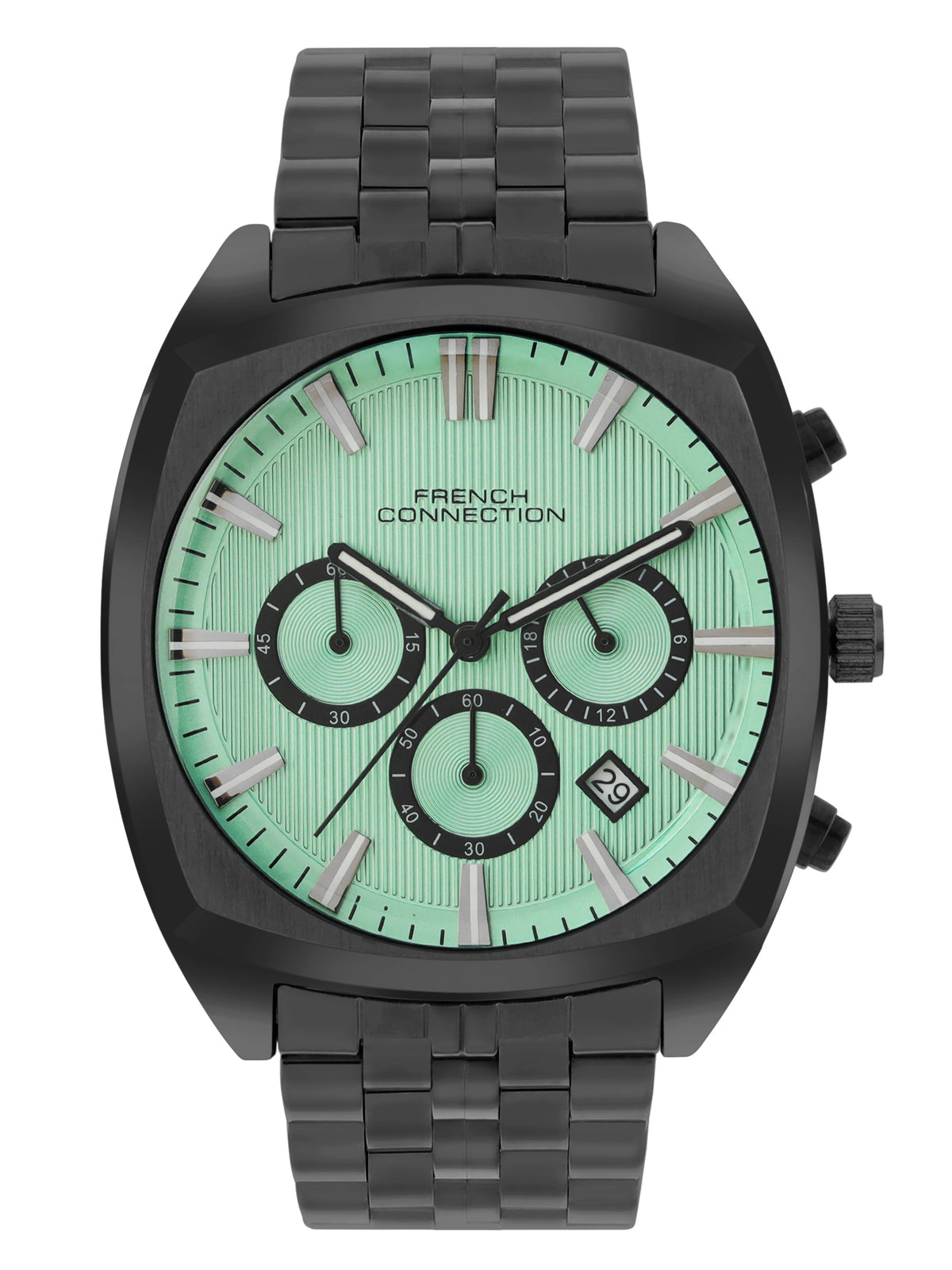 French Connection Textured Sea Green Round Dial With Black Stainless Steel Strap Chronograph Watch - For Mens FCN0122BM