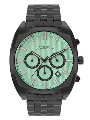 French Connection Textured Sea Green Round Dial With Black Stainless Steel Strap Chronograph Watch - For Mens FCN0122BM