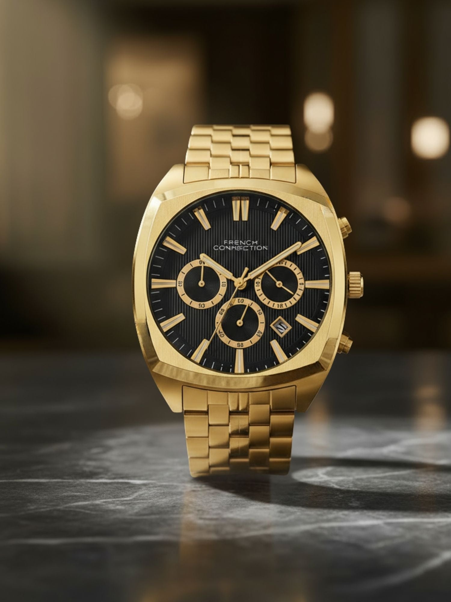 French Connection Textured Black Round Dial With  Gold Stainless Steel Strap Chronograph Watch - For Mens FCN0122GM