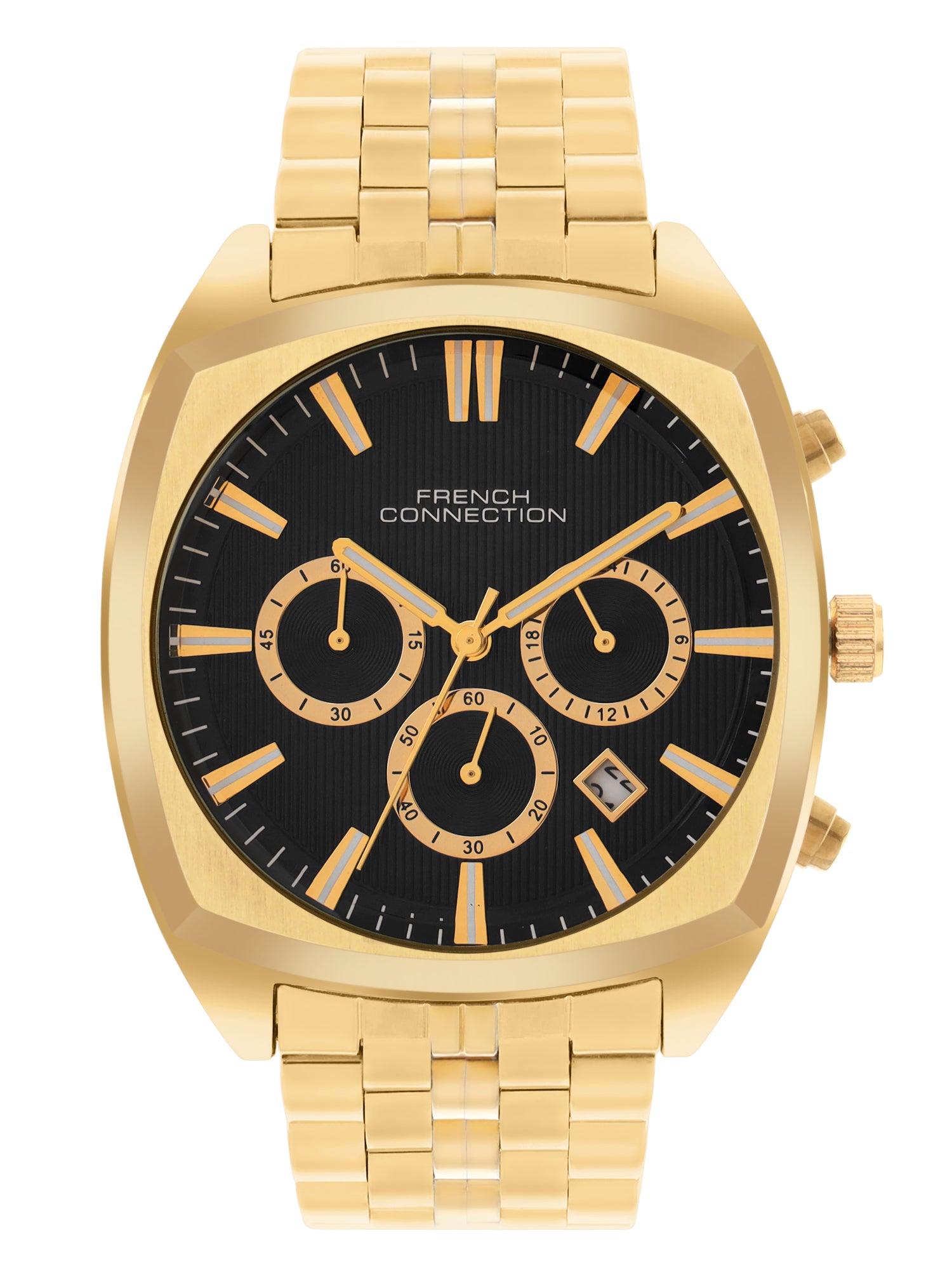 French Connection Textured Black Round Dial With  Gold Stainless Steel Strap Chronograph Watch - For Mens FCN0122GM