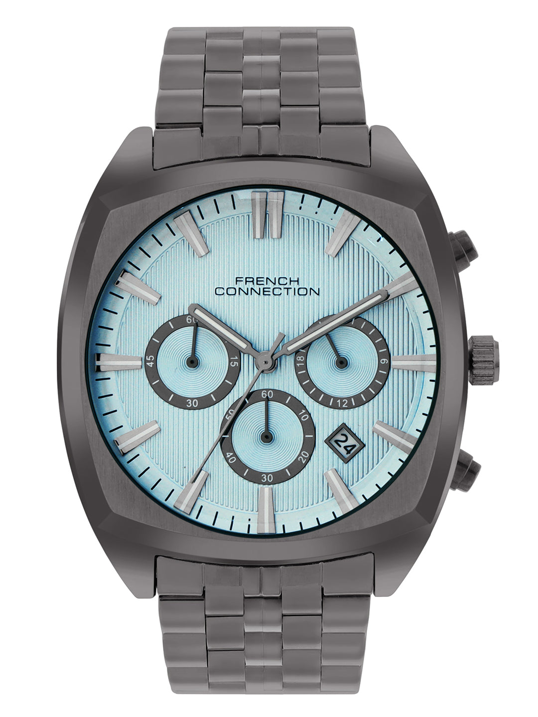 French Connection Textured Sky Blue Round Dial With  Gun Stainless Steel Strap Chronograph Watch - For Mens FCN0122GNM