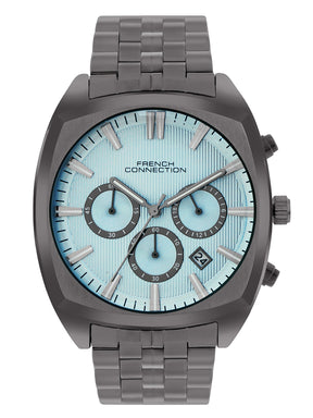 French Connection Textured Sky Blue Round Dial With  Gun Stainless Steel Strap Chronograph Watch - For Mens FCN0122GNM