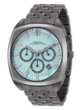 French Connection Textured Sky Blue Round Dial With  Gun Stainless Steel Strap Chronograph Watch - For Mens FCN0122GNM