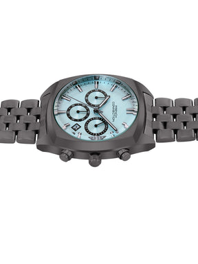 French Connection Textured Sky Blue Round Dial With  Gun Stainless Steel Strap Chronograph Watch - For Mens FCN0122GNM
