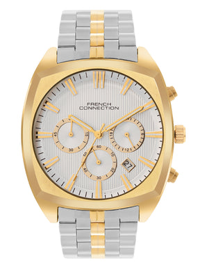 French Connection Textured Silver Round Dial With Gold Two Tone Stainless Steel Strap Chronograph Watch - For Mens FCN0122TM