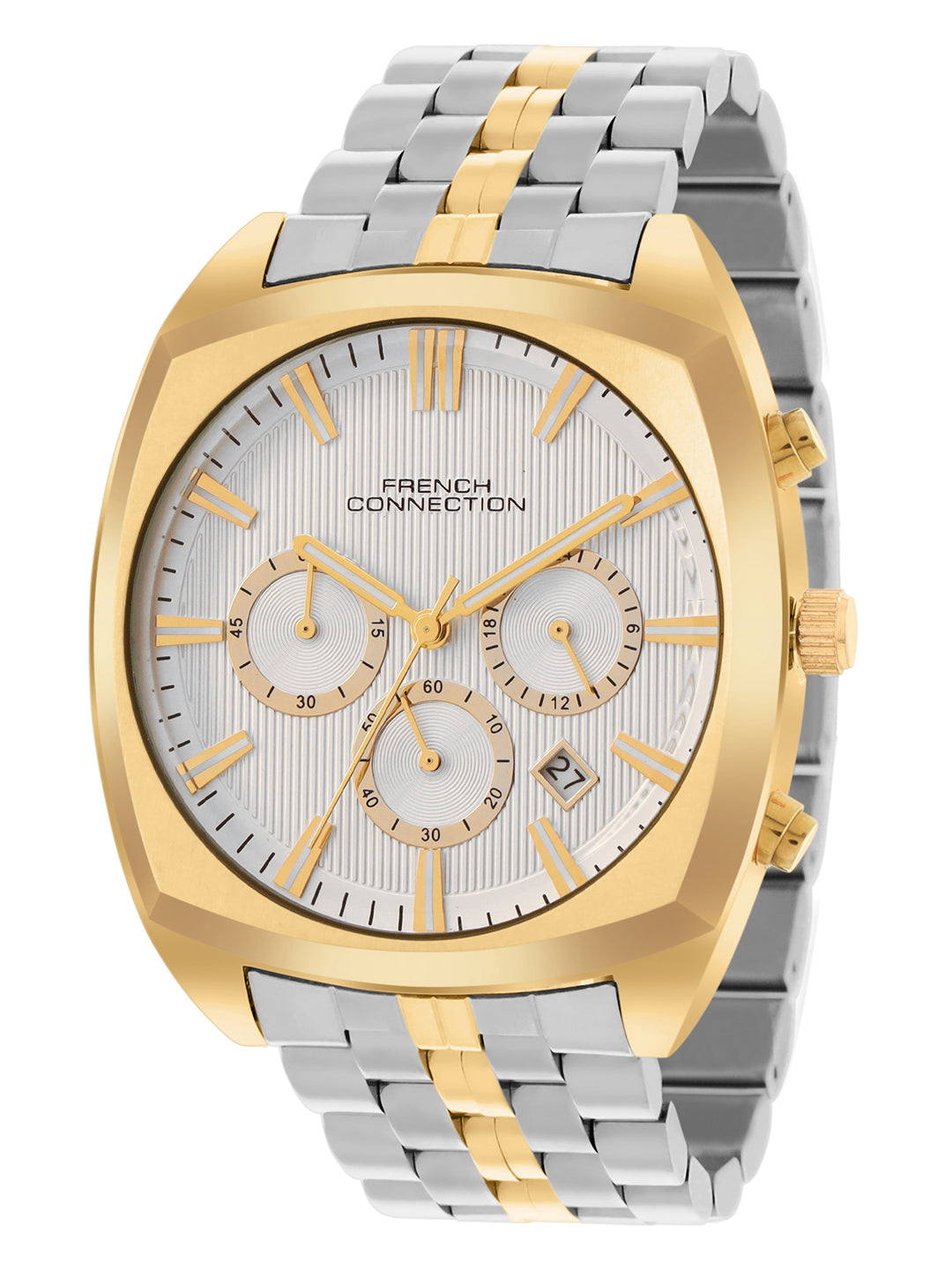 French Connection Textured Silver Round Dial With Gold Two Tone Stainless Steel Strap Chronograph Watch - For Mens FCN0122TM