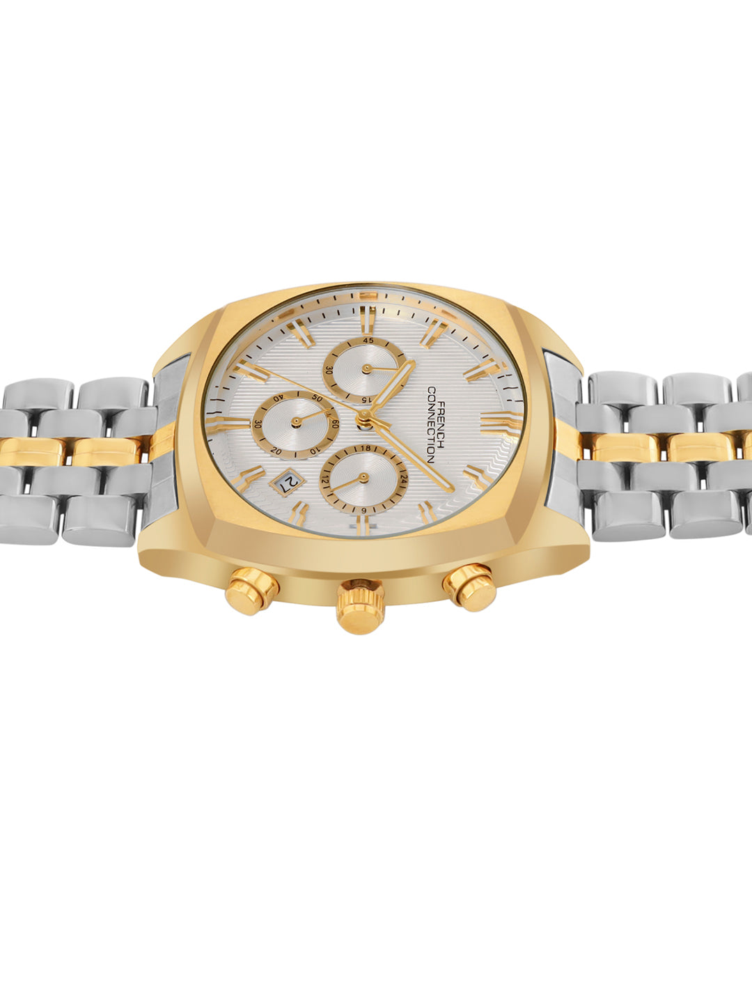 French Connection Textured Silver Round Dial With Gold Two Tone Stainless Steel Strap Chronograph Watch - For Mens FCN0122TM