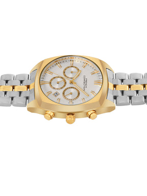 French Connection Textured Silver Round Dial With Gold Two Tone Stainless Steel Strap Chronograph Watch - For Mens FCN0122TM