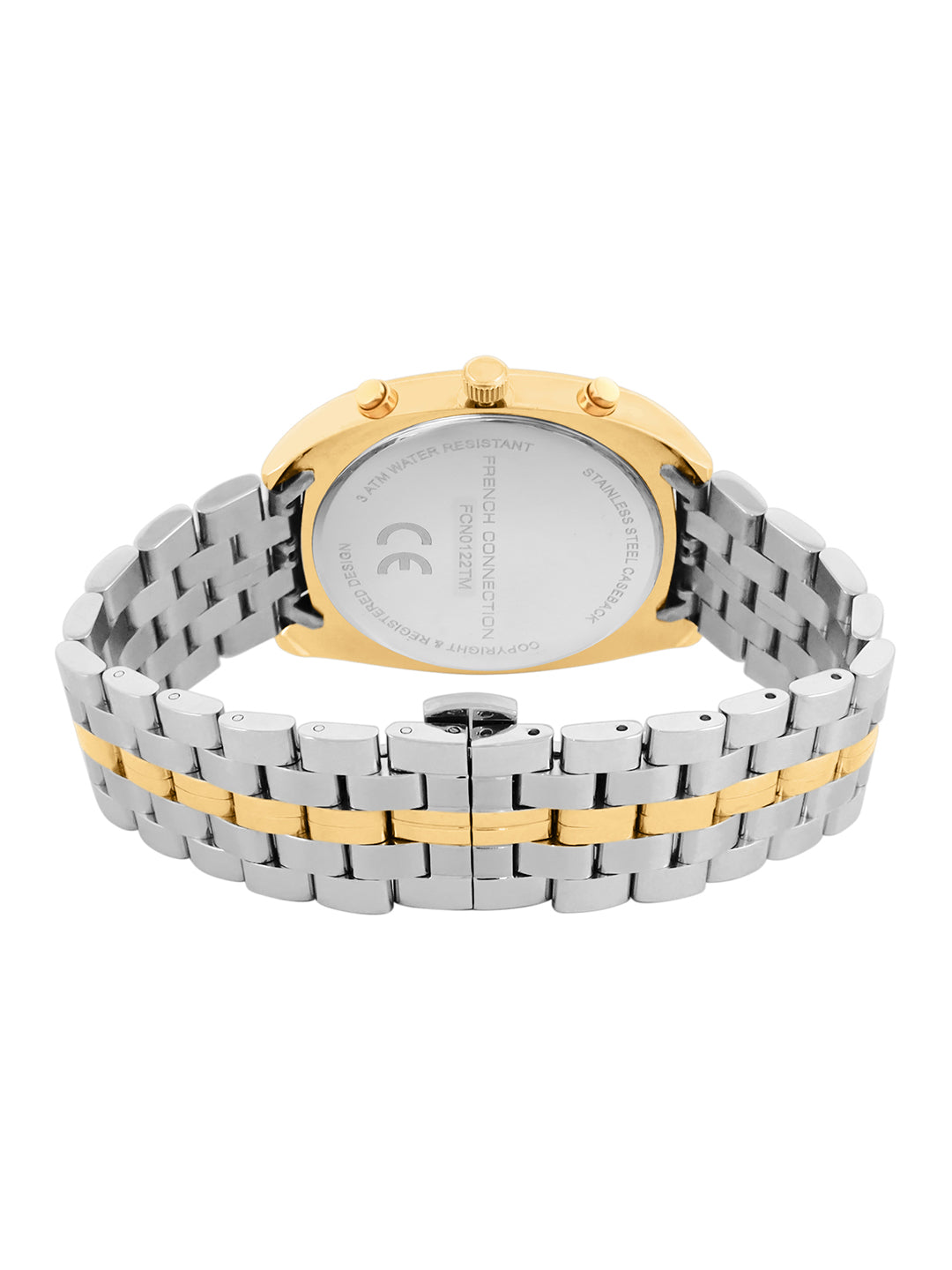French Connection Textured Silver Round Dial With Gold Two Tone Stainless Steel Strap Chronograph Watch - For Mens FCN0122TM
