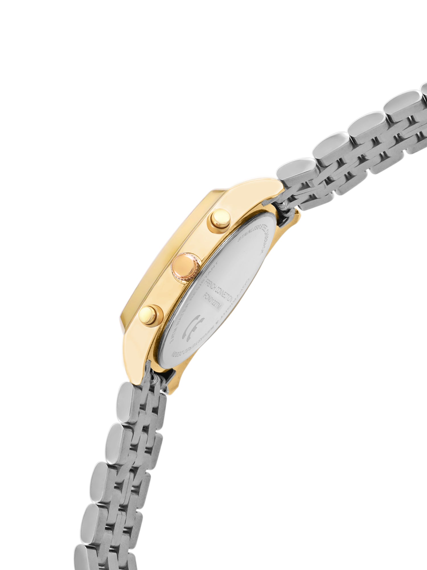 French Connection Textured Silver Round Dial With Gold Two Tone Stainless Steel Strap Chronograph Watch - For Mens FCN0122TM